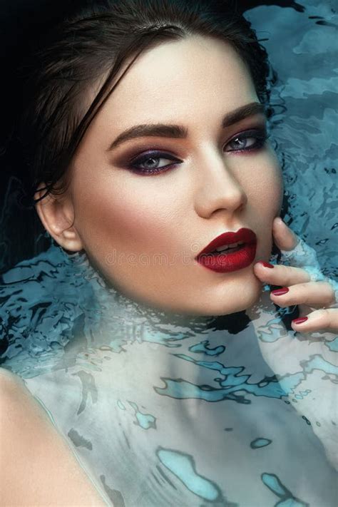 Beauty Portrait Water Fashion Vogue Style Shoot Close Up Makeup Stock