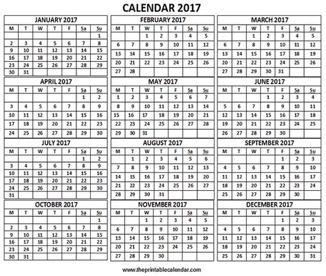 2017 Calendar 12 Months Calendar On One Page Free Printable Calendar