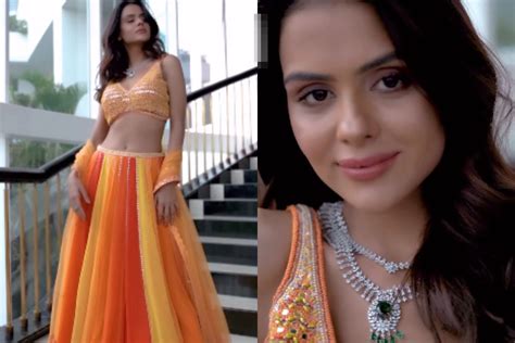 priyanka chahar choudhary looks glamorous while flaunting her curves in multicolor lehenga