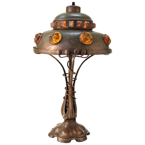Austrian Art Nouveau Cast Bronze And Brass Table Lamp With Chunk Glass