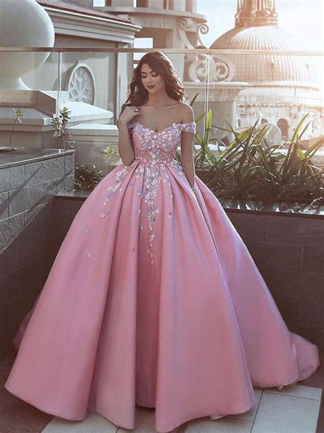 Ball Gown Prom Dresses Off The Shoulder Sweep Train Satin Long Pink Pr