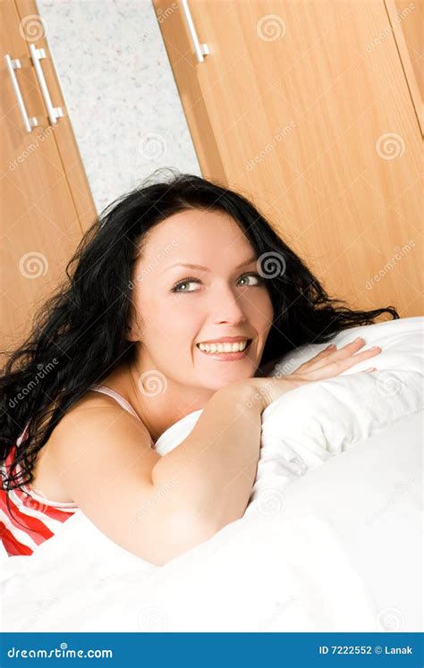 Beautiful Brunette Woman Wakes Up Stock Photo Image Of Pillow