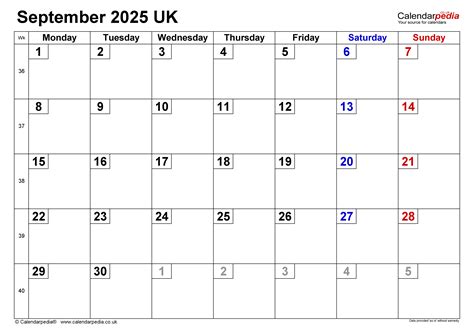 Calendar September 2025 Uk With Excel Word And Pdf Templates