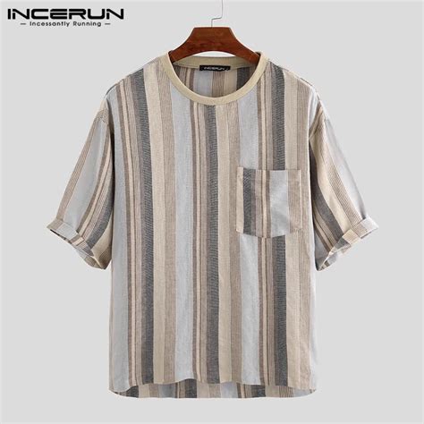 Incerun Mens Striped T Shirt Vintage Breathable Cotton Streetwear O