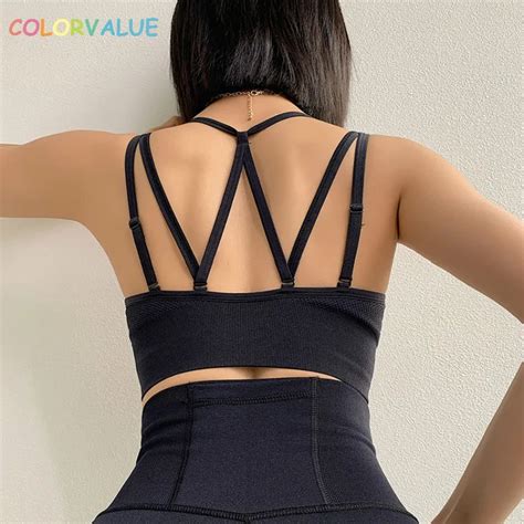 Colorvalue Sexy Seamless Workout Gym Bras Women Push Up Spaghetti Strap Fitness Yoga Bra Padded