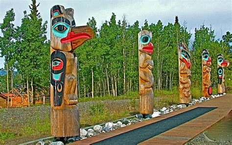 Edward Smarch Totem Poles At Teslin Tlingit Heritage Memorial Center In