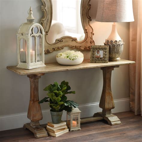 Distressed Natural Pedestal Console Table Wooden Trestle Table