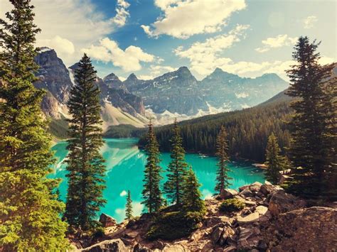 Wallpaper Forest Trees Lake Canada Mountains Clouds Summer Sky