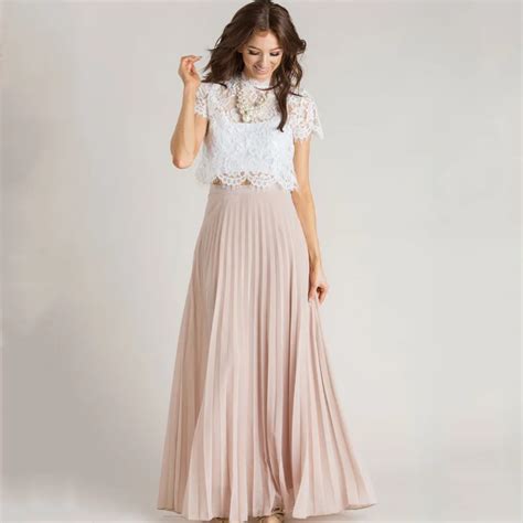 Nude Pink Long Pleated Chiffon Skirts For Women A Line Floor Length