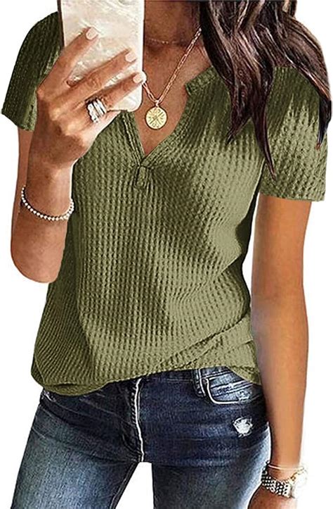 Wneedu Womens Waffle Knit Tunic Tops V Neck Short Sleeve Blouse Shirts Amazon Ca Clothing