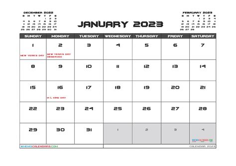 January 2023 Calendar With Holidays Printable Pdf And Image