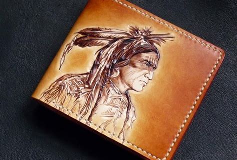 Handmade Billfold Leather Wallet Men Indian Chief Carved Leather