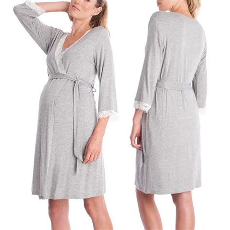 Lace Stitching Maternity Dressrobe Pajamas Seven Quarter Sleeve Solid Color Sleepwear Pregnancy