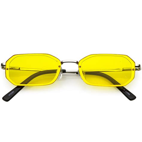 Small Rimless Rectangle Sunglasses Color Tinted Lens 53mm Silver Yellow