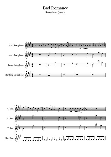 Bad Romance Sheet Music For Saxophone Alto Saxophone Tenor Saxophone Baritone Saxophone