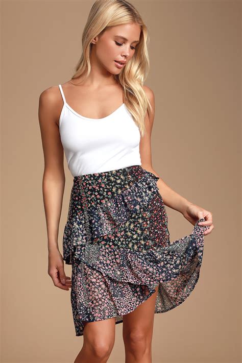 Cute Black Floral Print Skirt Ruffled Skirt Asymmetrical Mini Lulus