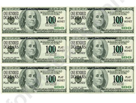 These printable coloring sheets of denominations $1, $2, $5, $10, $20, and $100 are intended for children, parents, and teachers. One Hundred Dollar Bill Play Money Template printable pdf download