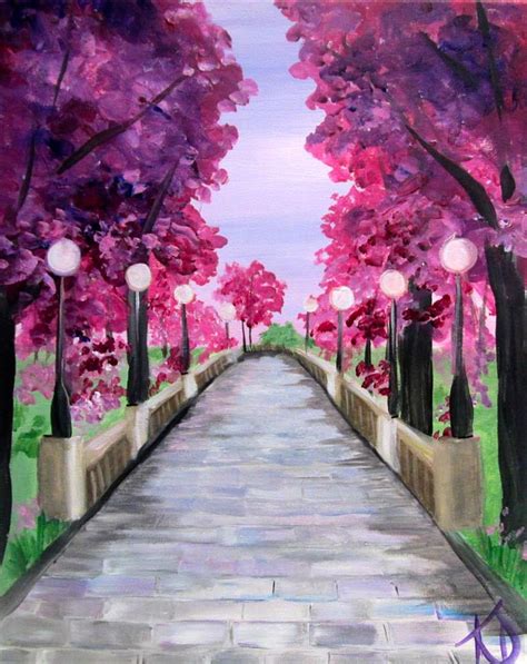 Painting a cherry blossom tree with acrylics and cotton swabs. Cherry Blossom Walk | Perspective art, Spring painting ...