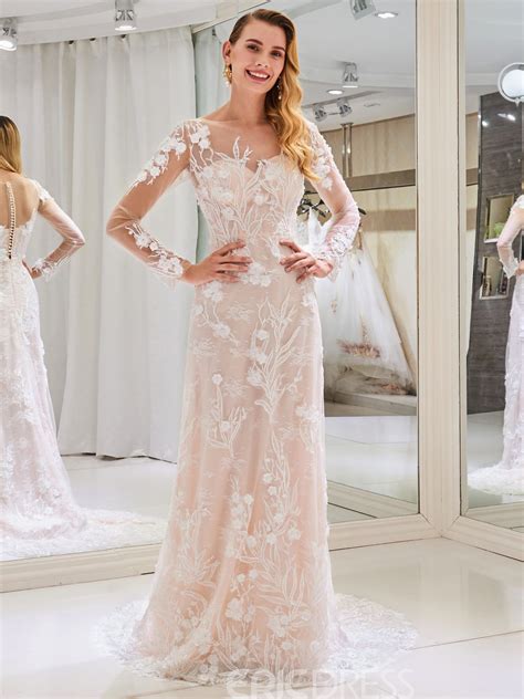Ericdress Sheath Long Sleeve Lace Wedding Dress In Long Sleeve Wedding Dress Lace