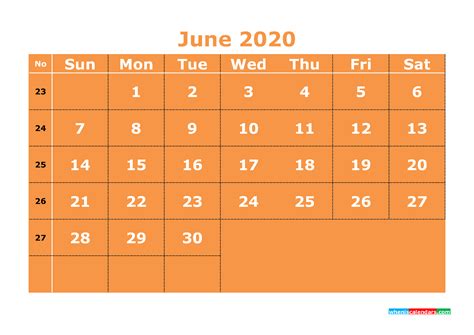 Free Printable June 2020 Calendar With Week Numbers