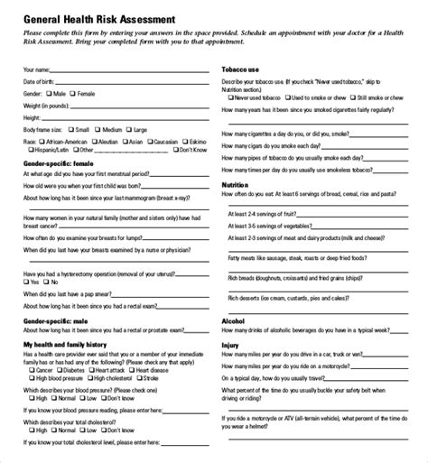 Free 14 Sample Health Risk Assessment Forms In Pdf