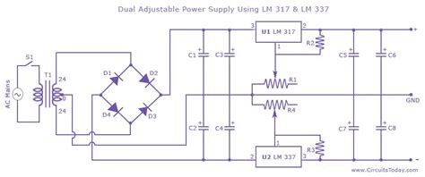 Dual Adjustablevariable Power Supply Circuit Using Lm317 And Lm337