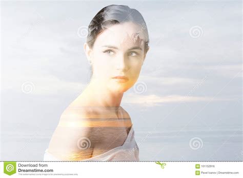 Double Exposure Nature Portrait Of Beautiful Young Woman