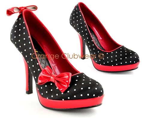 pinup women s sexy polka dot satin clip on bow high heels rockabilly retro shoes ebay