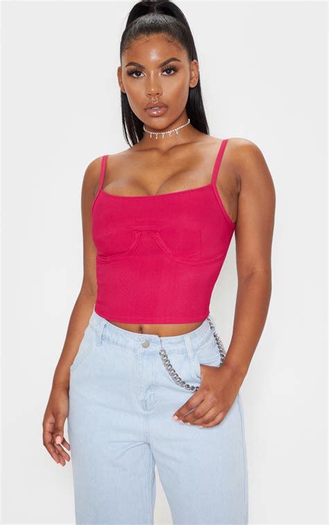 Pink Bustier Detail Rib Crop Top Tops Prettylittlething Usa