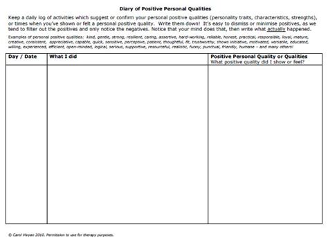 Download Positive Personal Qualities Diary Couples Therapy Worksheets Relationship