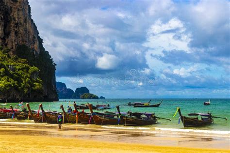 Railay Beach Thailand Lagoon With Longtail Boats Between Limestone