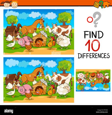 Cartoon Illustration Of Finding Differences Educational Game For