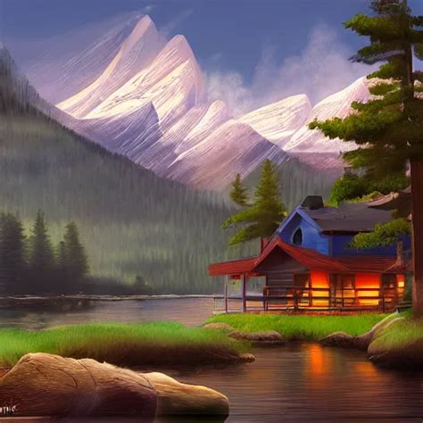 Digital Painting Of Mountain Lake Cabin By Shinji Stable Diffusion