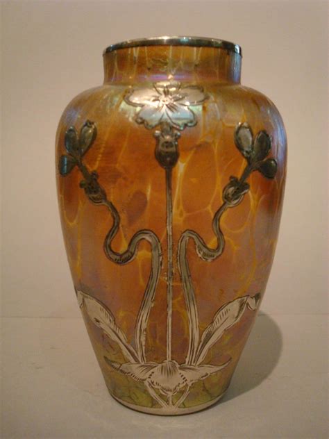 Art Nouveau Loetz Iridescent Glass Vase With Silver Overlay For Sale At 1stdibs