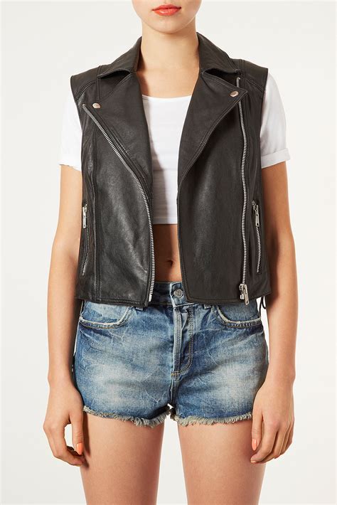 Lyst Topshop Sleeveless Leather Biker Jacket In Black