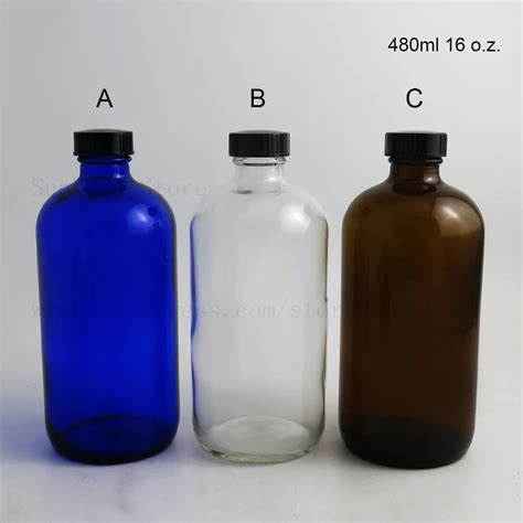 16 Oz Large Blue Clear Amber 480ml Boston Round Glass Bottle Polyseal Black Phenolic Cone Lined