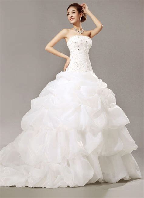Ruffle Lace Beading Sequins Strapless Organza Ball Gown Wedding Dresses