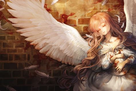 Обои арт девушка ангел крылья перья волосы для рабочего стола раздел Аниме