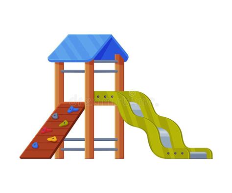 Colorful Wooden Slide With Climbing Wall And Ladder On Playground