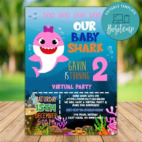 Printable Girl Baby Shark Virtual Party Invitation Template Diy