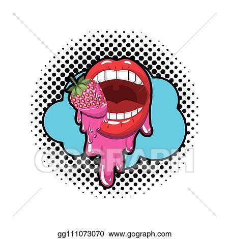 Vector Illustration Female Mouth Dripping With Strawberry Fruit Eps