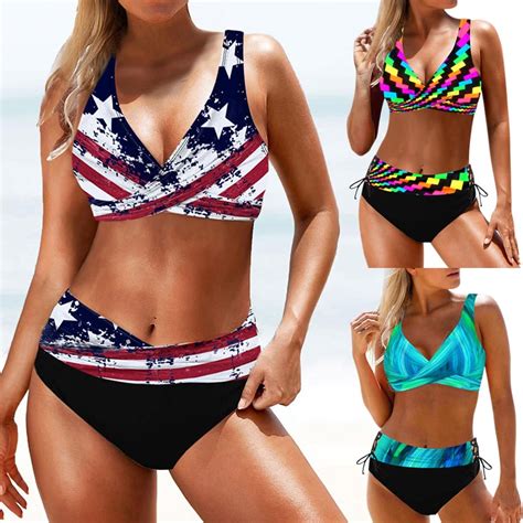 Hot Women Two Pieces Swimsuit High Waist Rainbow Striped Colorful