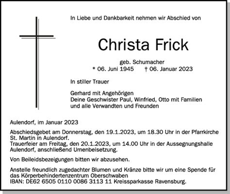 Traueranzeigen Von Christa Frick Schwaebische De Trauerportal