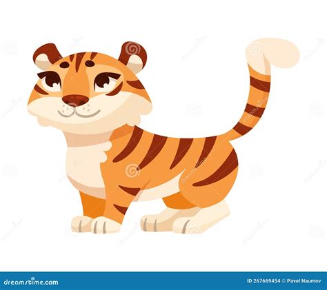 Cute Tiger Cub With Striped Orange Fur Standing Vector Illustration