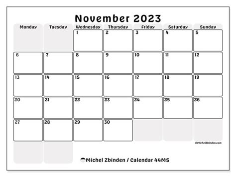November 2023 Printable Calendar “441ms” Michel Zbinden Hk