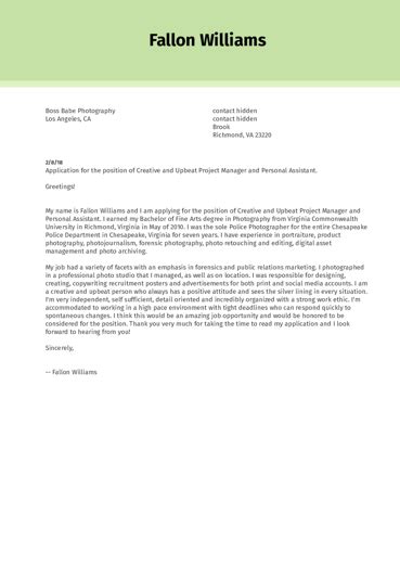 We did not find results for: Personal Creative Assistant Cover Letter Sample | Kickresume
