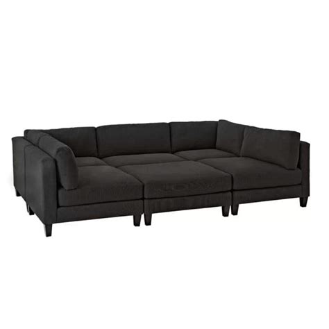 Funterior Darwin 6 Seater U Shape Fabric Black Sofa Set