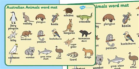 Australian Animals Word Mat Australian Animals Word Mat