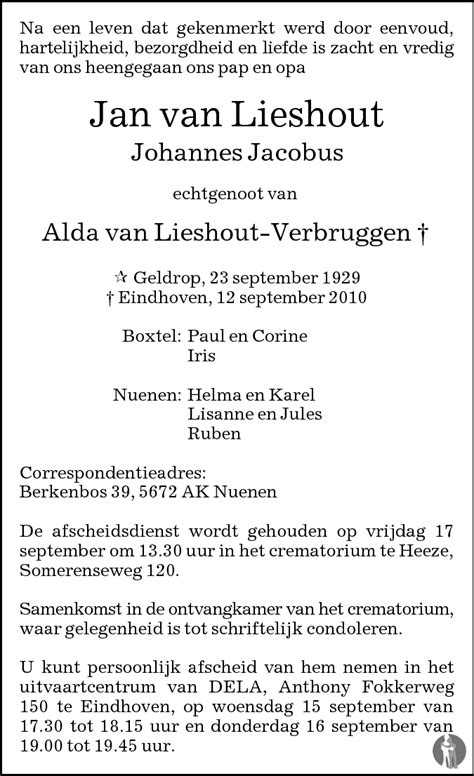 Johannes Jacobus Jan Van Lieshout Overlijdensbericht En