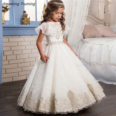 2019 Lovely White And Gold Flower Girl Dresses For Wedding Ball Gowns